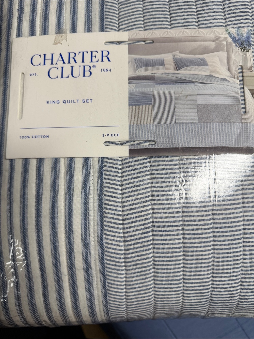 Charter Club Blue and White Striped King Quilt